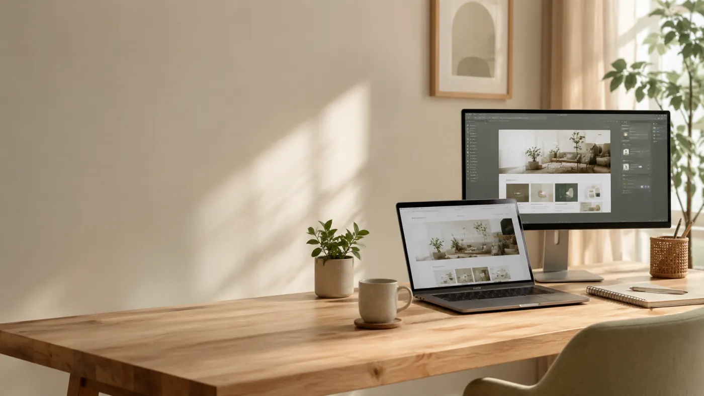 Rustige werkplek met laptop en monitor waarop een websiteontwerp te zien is